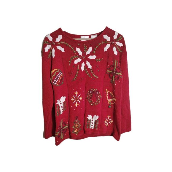 Vtg Kathy Lee Christmas Sweater Medium Retro Red Embroidered Holiday Ornaments - Picture 2 of 10